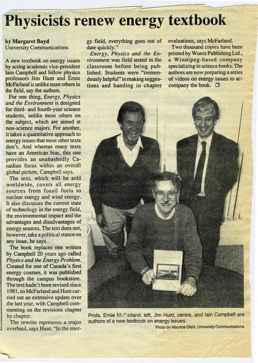 Newspaper clipping of announcement of new physics text book written by faculty members