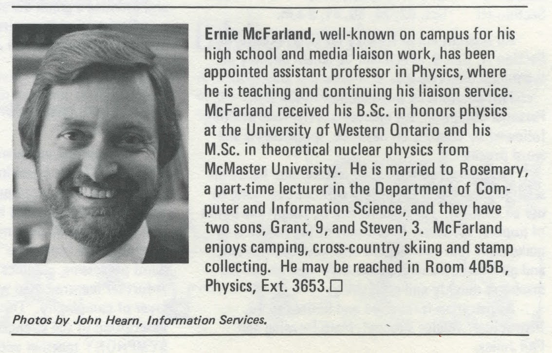 News paper clipping of Ernie MacFarland, announcing his appointment to the Physics Department